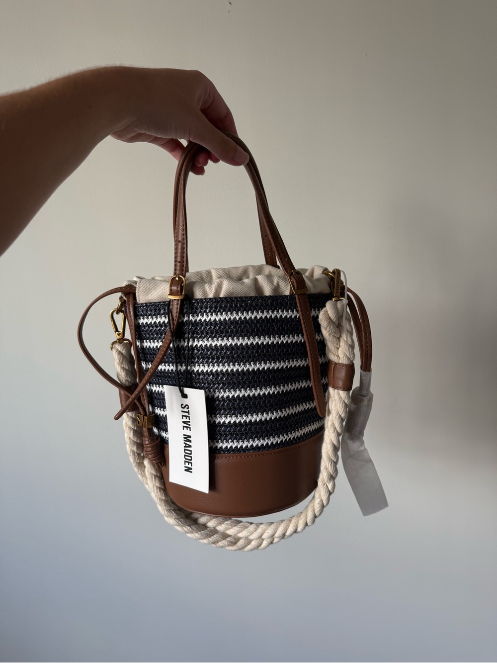 Steve Madden Black & White Striped Bucket Bag with Brown Trim